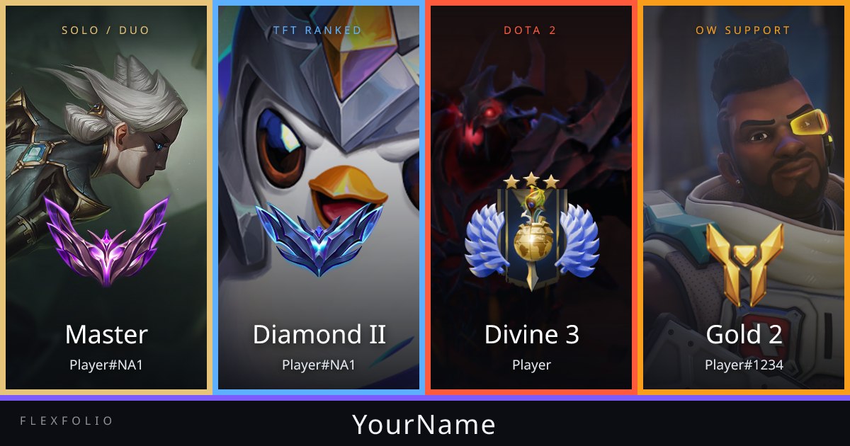 Example FlexFolio card showing League of Legends, Teamfight Tactics, Dota 2 and Overwatch ranks